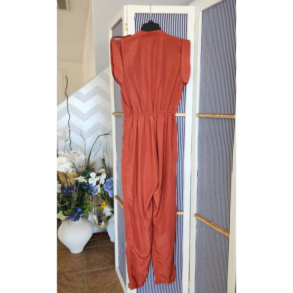 Lightweight Belted Straight Leg Jumpsuit - Rust Orange Terracotta - Picture 2 of 4